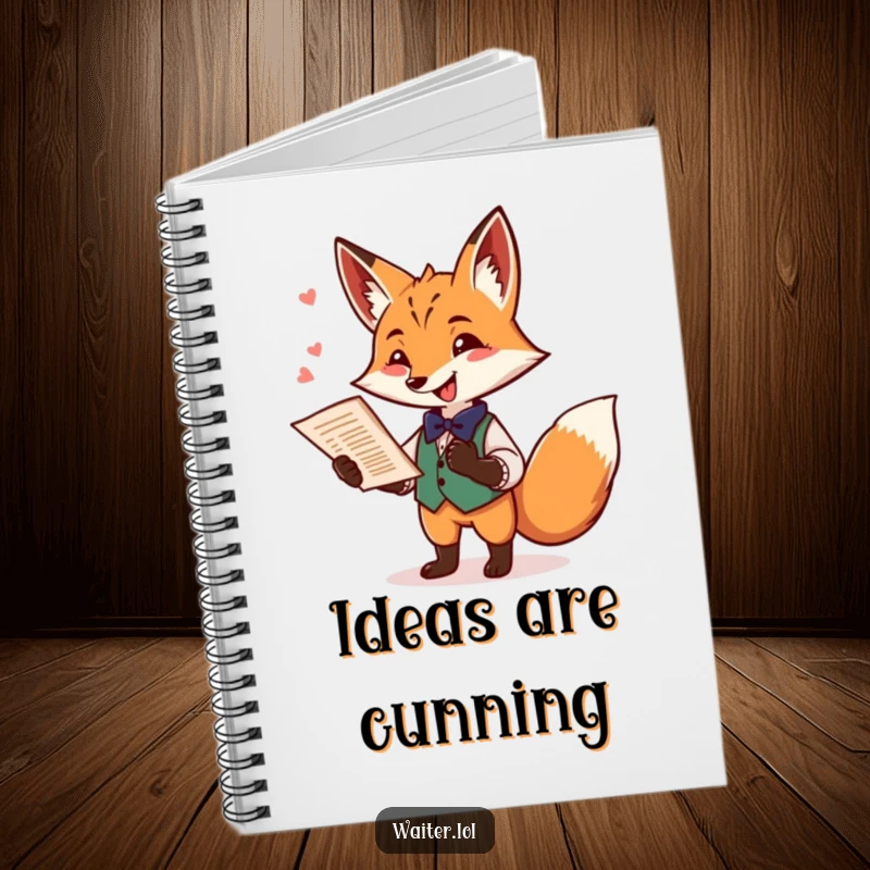 Funny fox waiter notebook featuring a playful fox offering a menu with a flourish and a mischievous twinkle, ready for notes.