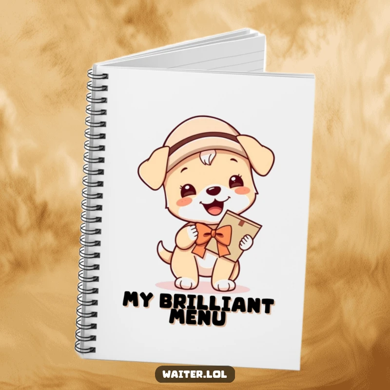 Funny notebook design with a giggling puppy wearing a hat and bow, proudly carrying a menu, ideal for capturing notes with playful service.