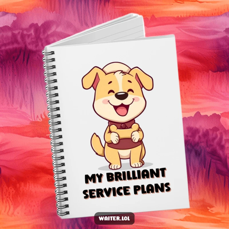 Funny Dog Waiter Notebook: An excited dog waiter happily presents a bone-shaped treat on the cover, perfect for note-taking.