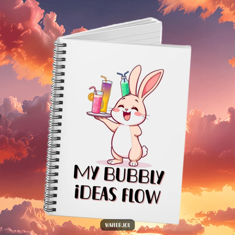 Funny notebook cover featuring a cheerful bunny delightedly wobbling while balancing a towering tray of colorful drinks.