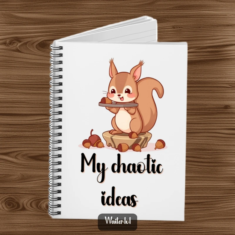 Funny Notebook featuring a playful squirrel precariously balancing a tray of acorns, perfect for jotting notes with a smile.