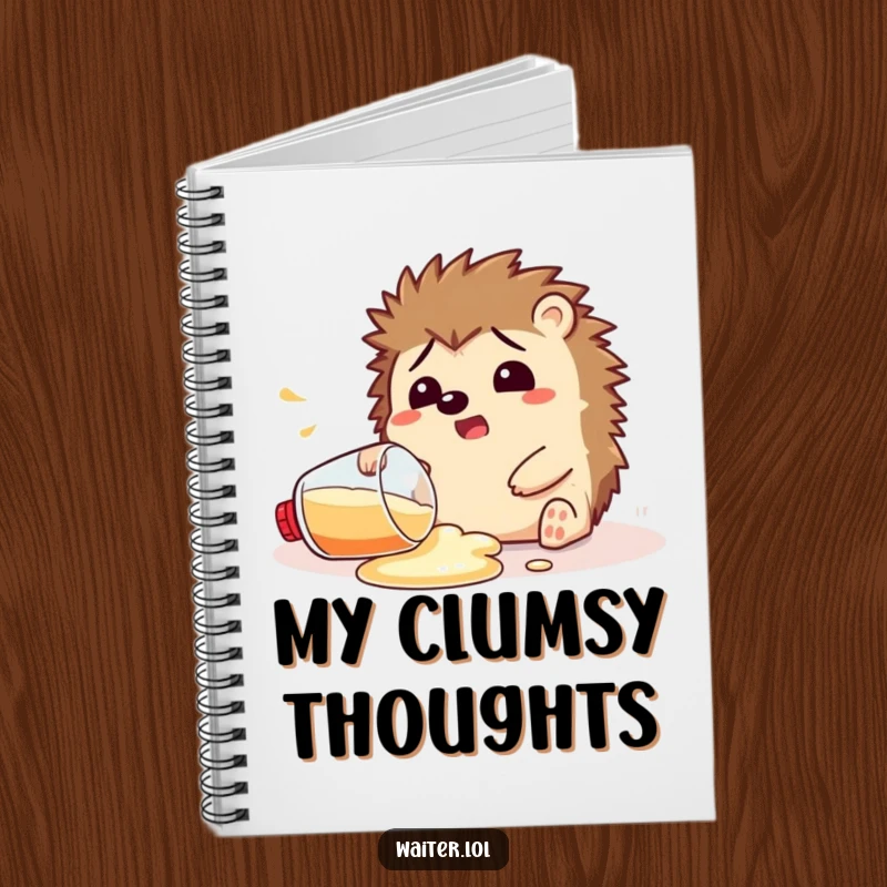 Funny Notebook featuring a startled hedgehog spilling a drink, perfect for jotting notes with a humorous, relatable touch.