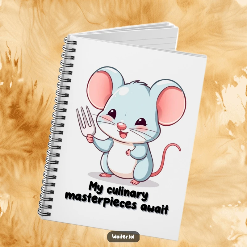 Funny notebook with a charming mouse politely nodding and offering a tiny fork, perfect for jotting down ideas.