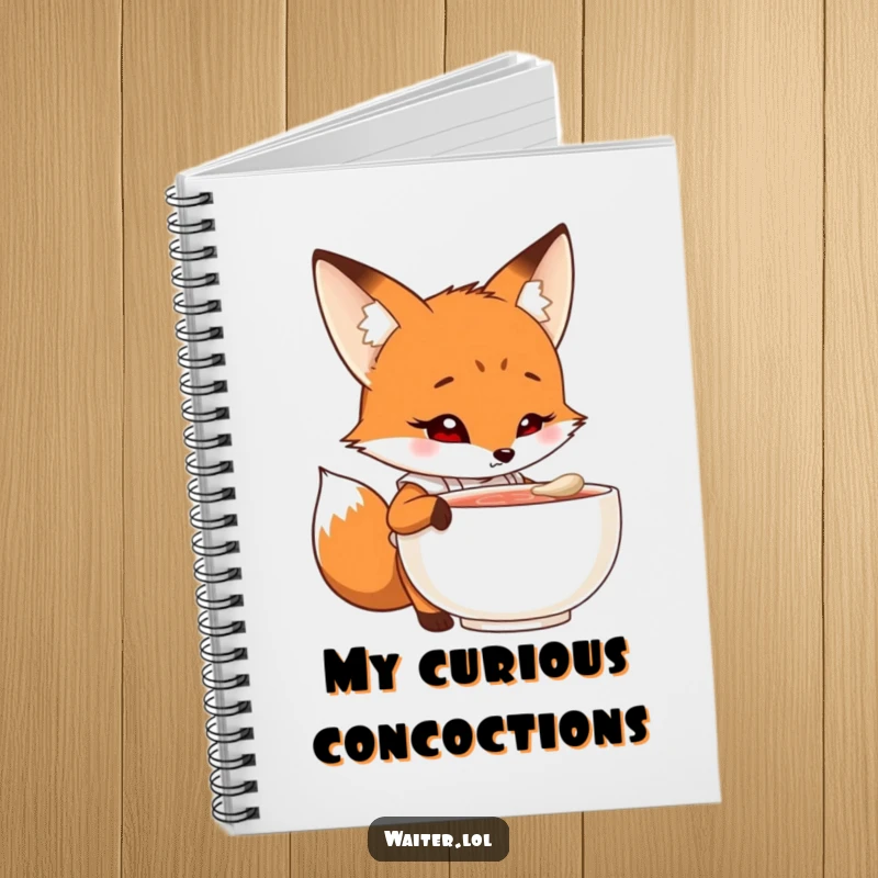 Funny fox chef notebook with a curious cartoon fox in an apron peering into a steaming bowl with intrigue, ideal for recipe writing.