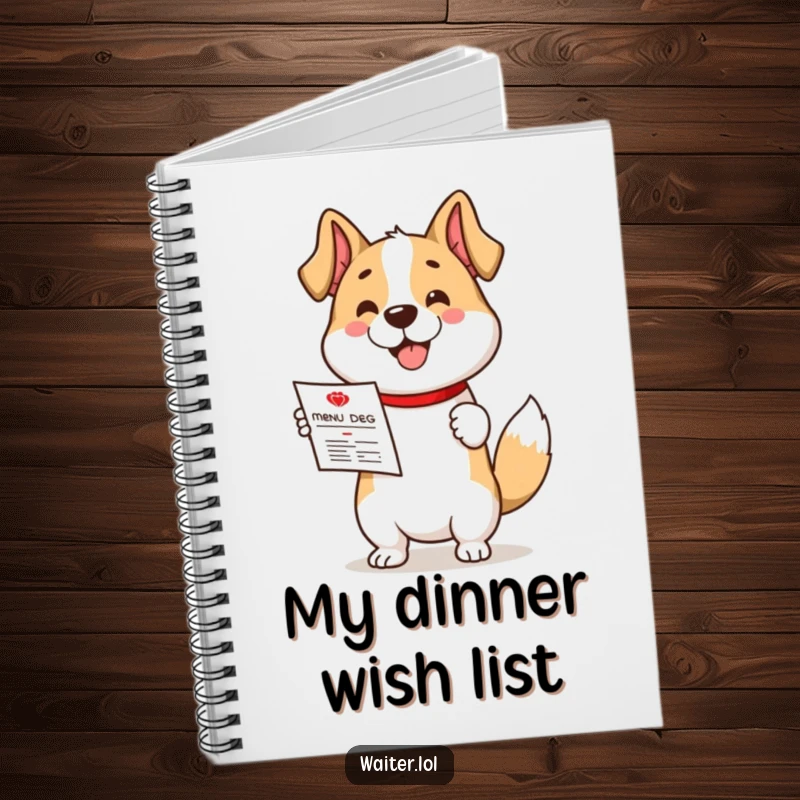 Funny notebook cover featuring a cute dog character enthusiastically presenting a menu with its tail wagging.