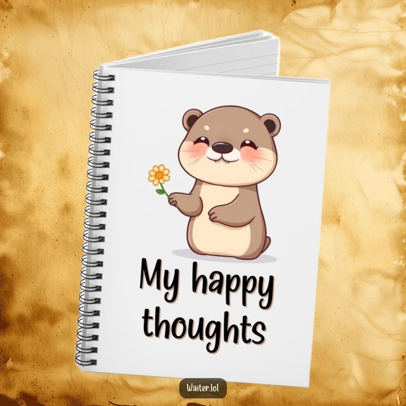 Funny otter flower notebook, a giggling otter presenting a single, tiny flower with a flourish, great for journaling.