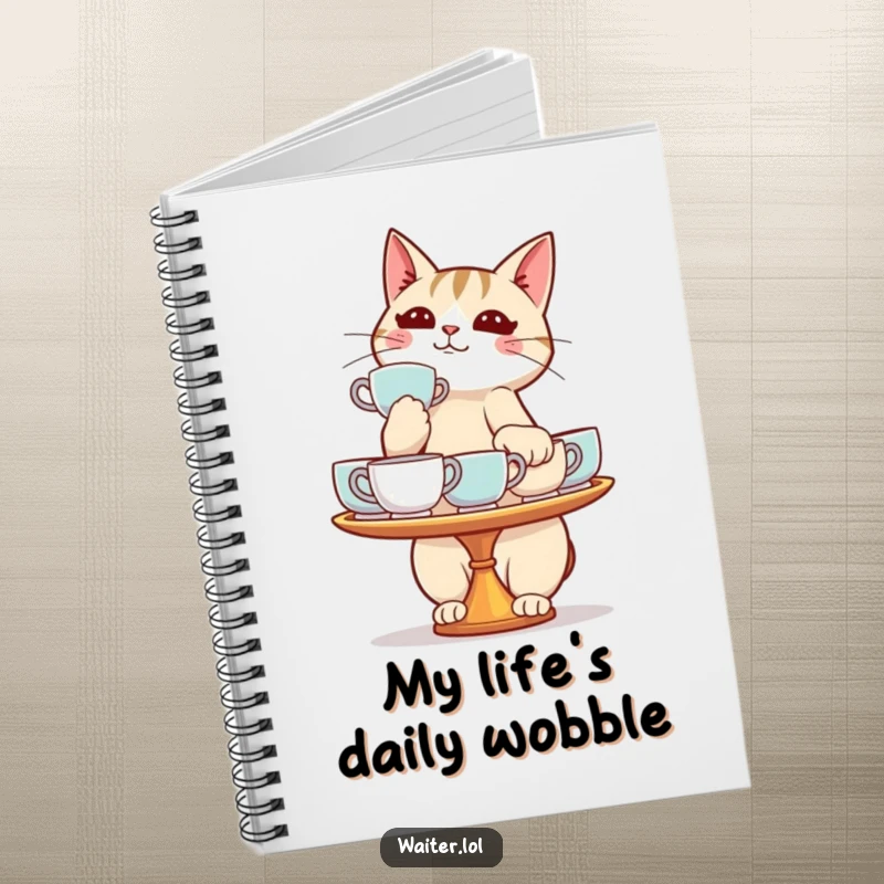 Funny cat notebook with a determined cat balancing a tray of teacups, perfect for jotting down plans and ideas.