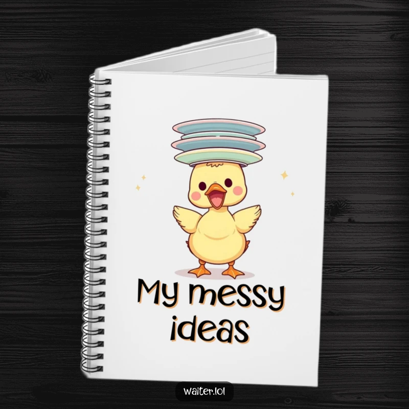 Funny duckling notebook, gleefully balancing plates on its head, perfect for jotting down playful ideas and thoughts.