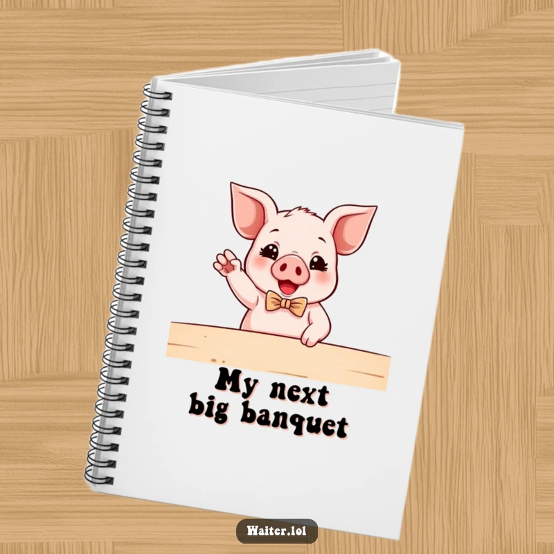 Funny Piglet Waiter Notebook: An enthusiastic piglet in a bowtie gestures towards a table, perfect for jotting notes.