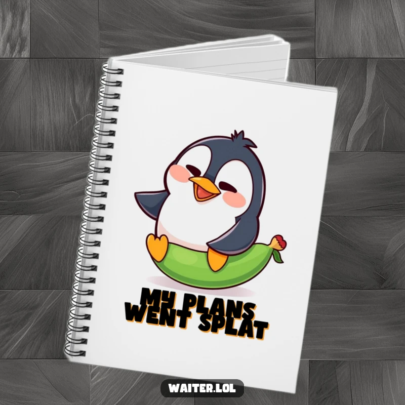 Funny penguin notebook showing a goofy penguin comically slipping on a pea, mid-squawk, for writing inspiration.