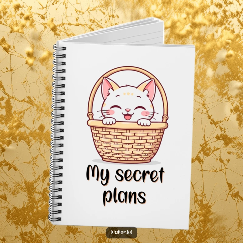 Funny notebook featuring a smiling cat peeking from behind a napkin basket, ideal for jotting down creative and humorous notes.