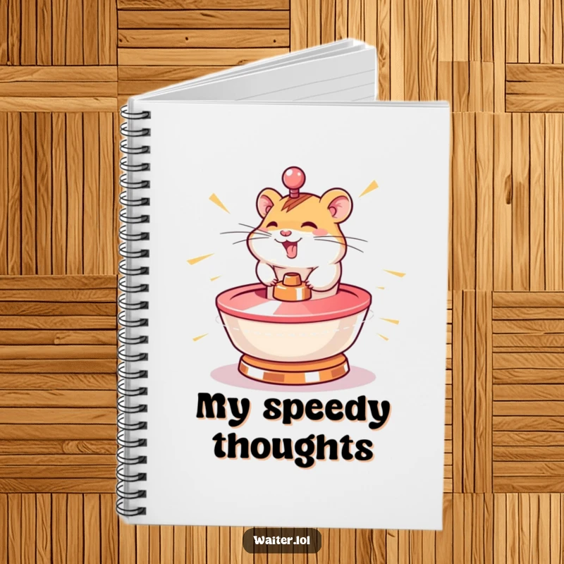 Funny hamster notebook showing a giggling character spinning a lazy susan at lightning speed, perfect for fast note-taking.
