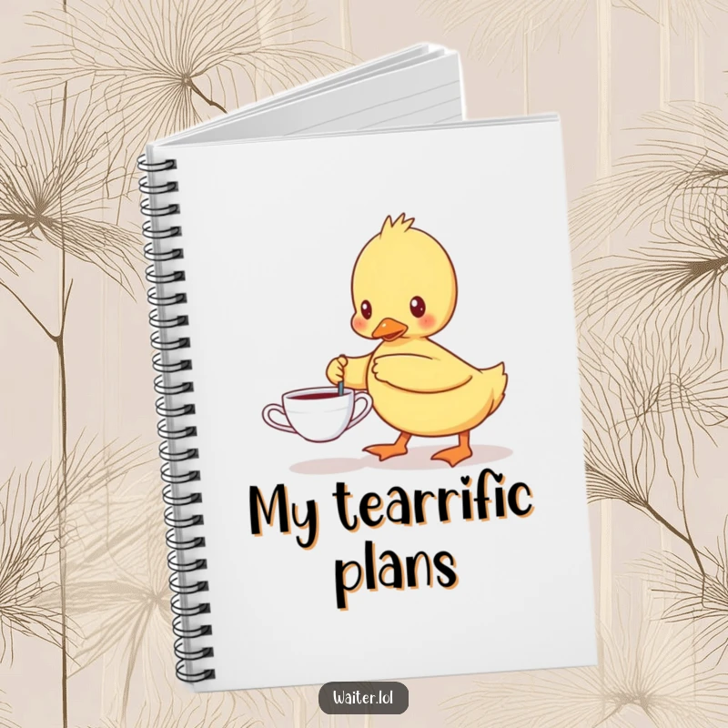 Funny notebook featuring a determined duckling carefully carrying a single teacup, ideal for jotting down plans and inspired thoughts.