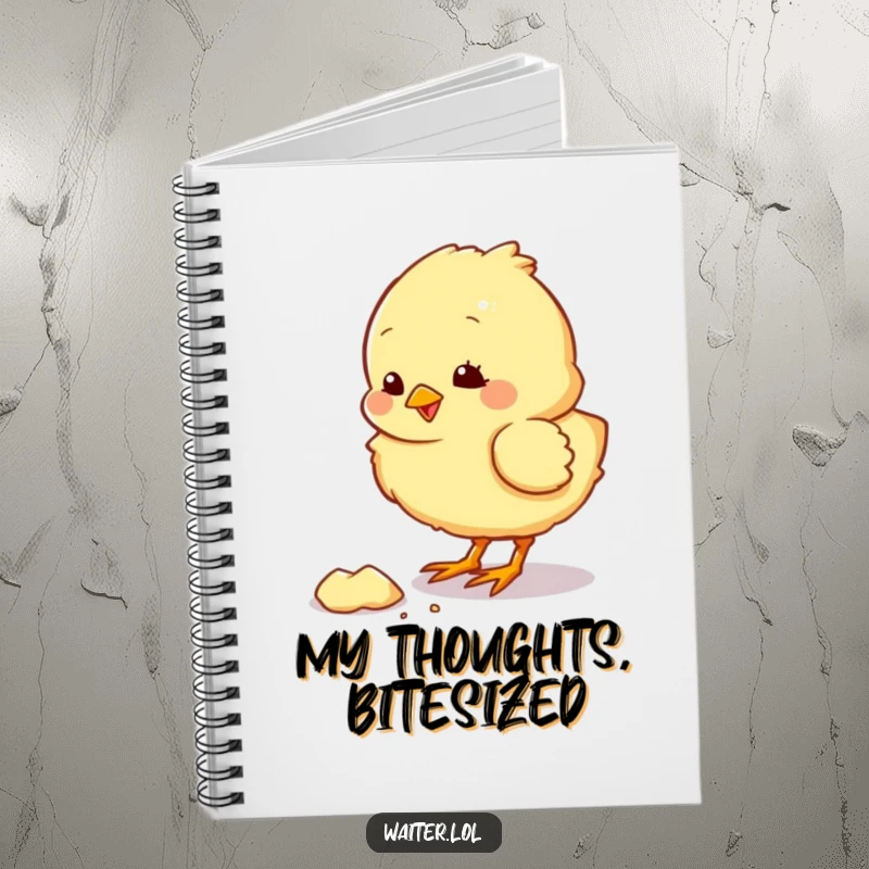 Funny notebook with a fluffy chick character pecking at a crumb with a pleased chirp, ideal for jotting down notes humorously.