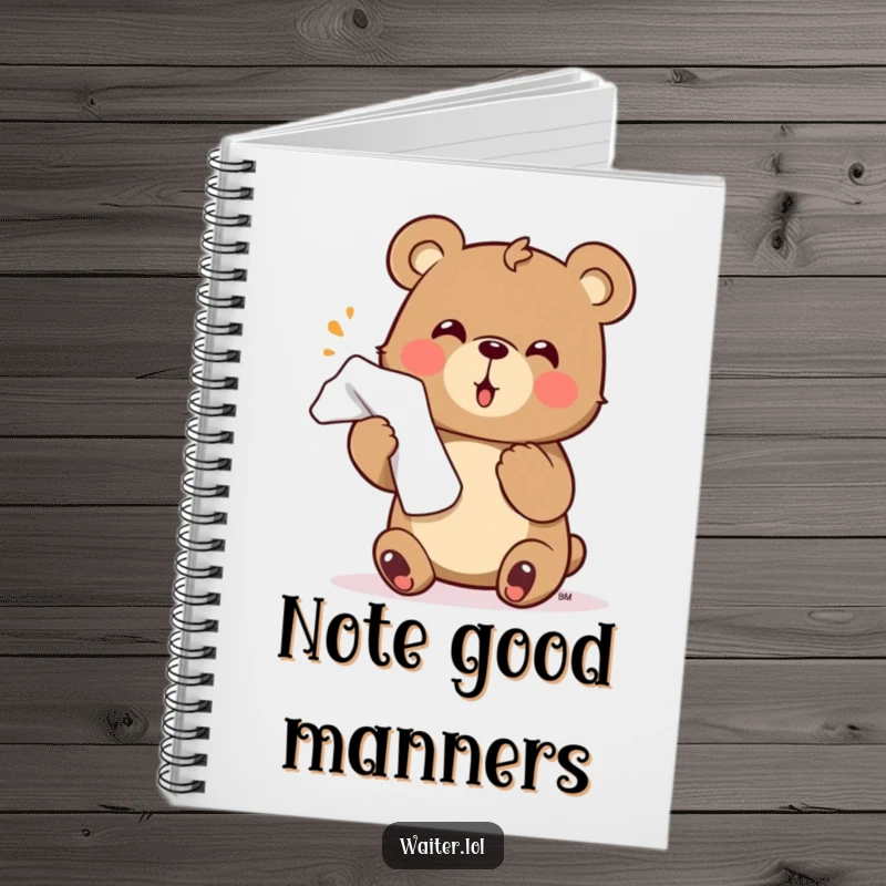 Funny bear notebook showing a cute character enthusiastically offering a napkin with a flourish, perfect for cheerful note-taking.