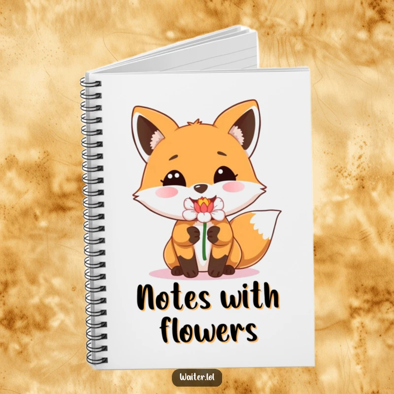 Funny notebook cover with a happy fox with a beaming smile delivering a single perfect flower, great for journaling.