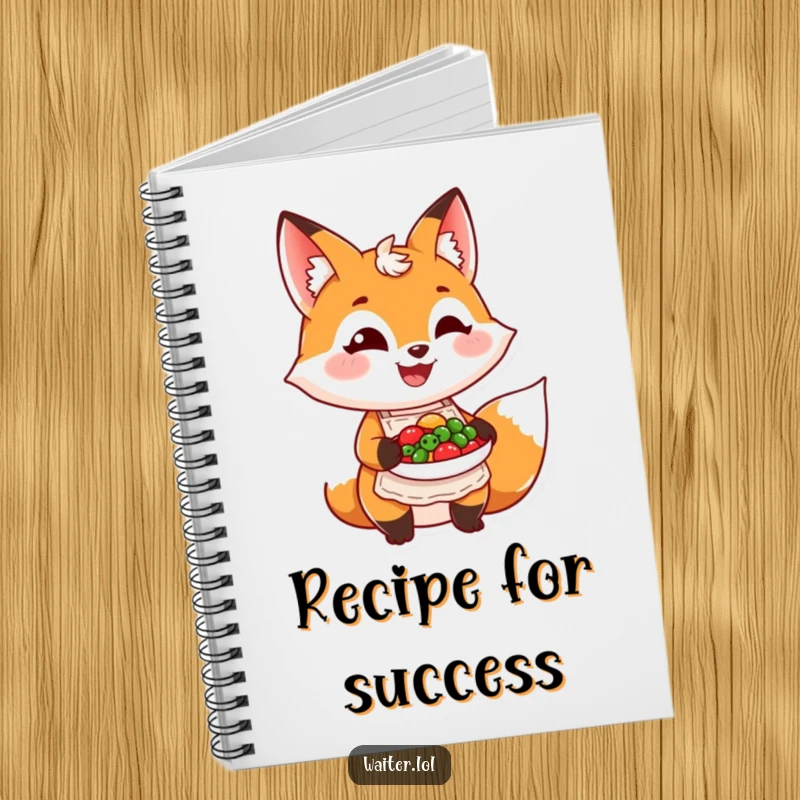 Funny grinning fox wearing an apron presents a colorful dish on a notebook cover, for culinary humor and note-taking.