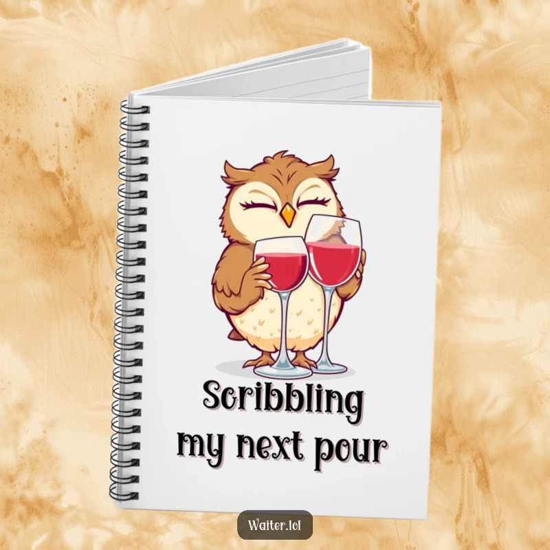 Funny notebook with a giggling owl winking while polishing a wine glass, perfect for jotting down ideas with humor.