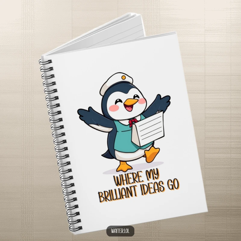 Funny notebook with a joyful penguin waiter waddling with a large order form, designed for jotting down notes with happy anticipation.