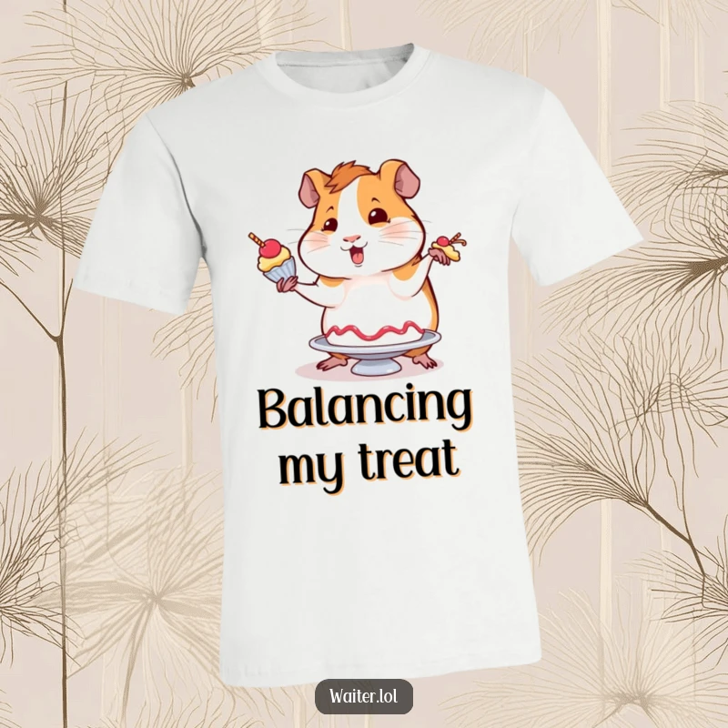 Funny t-shirt illustrating a wobbly guinea pig attempting to balance a dessert with flair, capturing a moment of sweet, humorous struggle.