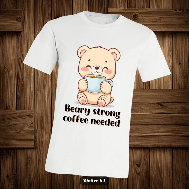 Funny bear cub t-shirt depicting a sweet cub carefully holding a steaming coffee cup, exuding comfort.