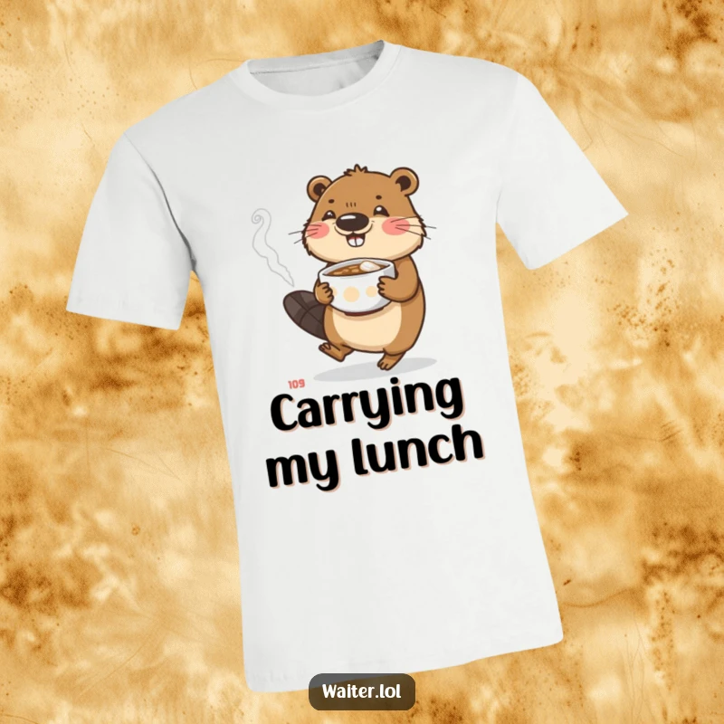 Funny beaver t-shirt featuring a busy character carefully carrying a steaming bowl, ideal for dedicated humor.