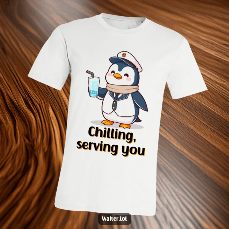 Funny Penguin Uniform T-Shirt: A proud penguin in a sleek uniform offers a frosty beverage with a gentle nod.