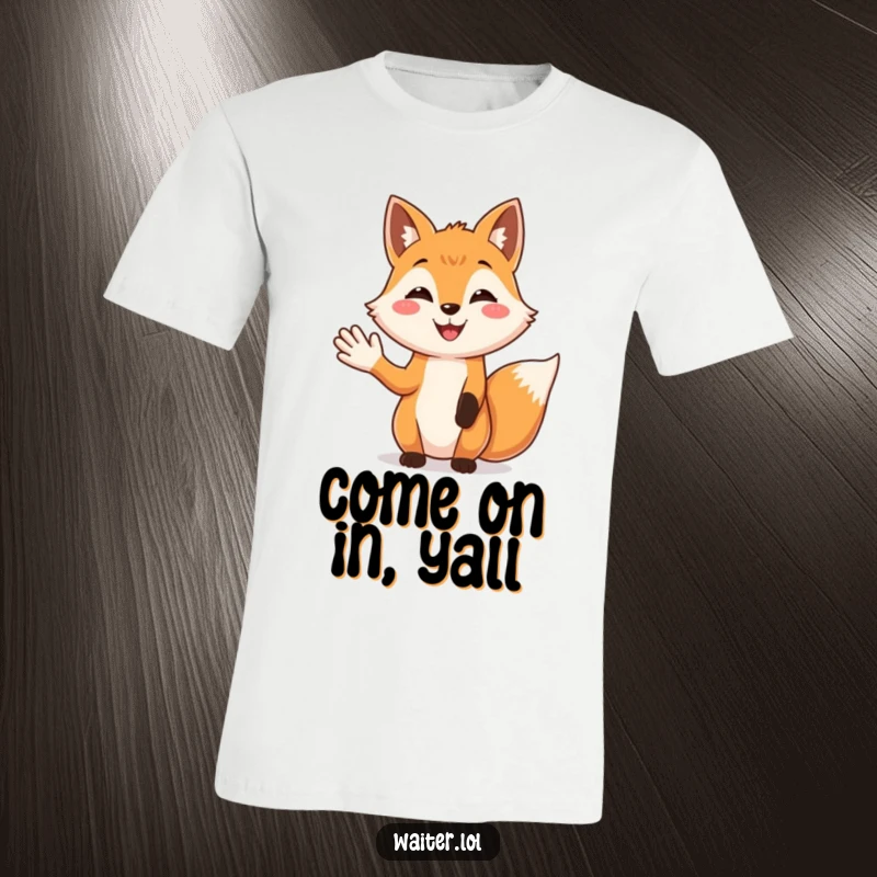 Funny Friend Fox T-Shirt: A smiling fox offers a warm greeting with an open palm, embodying friendship and hospitality.