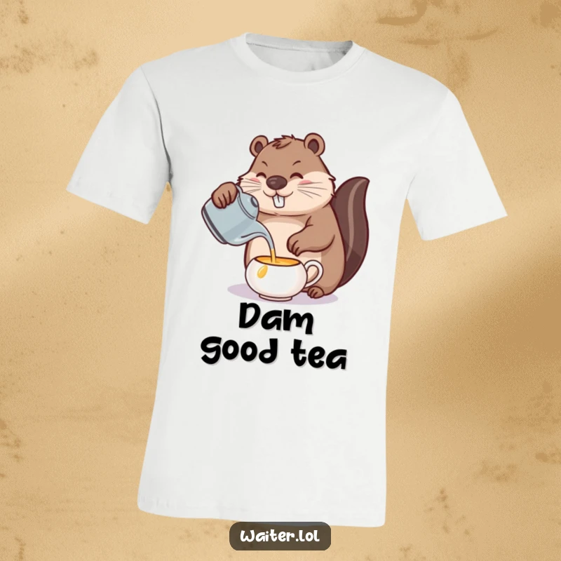 Funny beaver pouring t-shirt, a determined beaver meticulously pouring from a teapot, showcasing precision and humor.