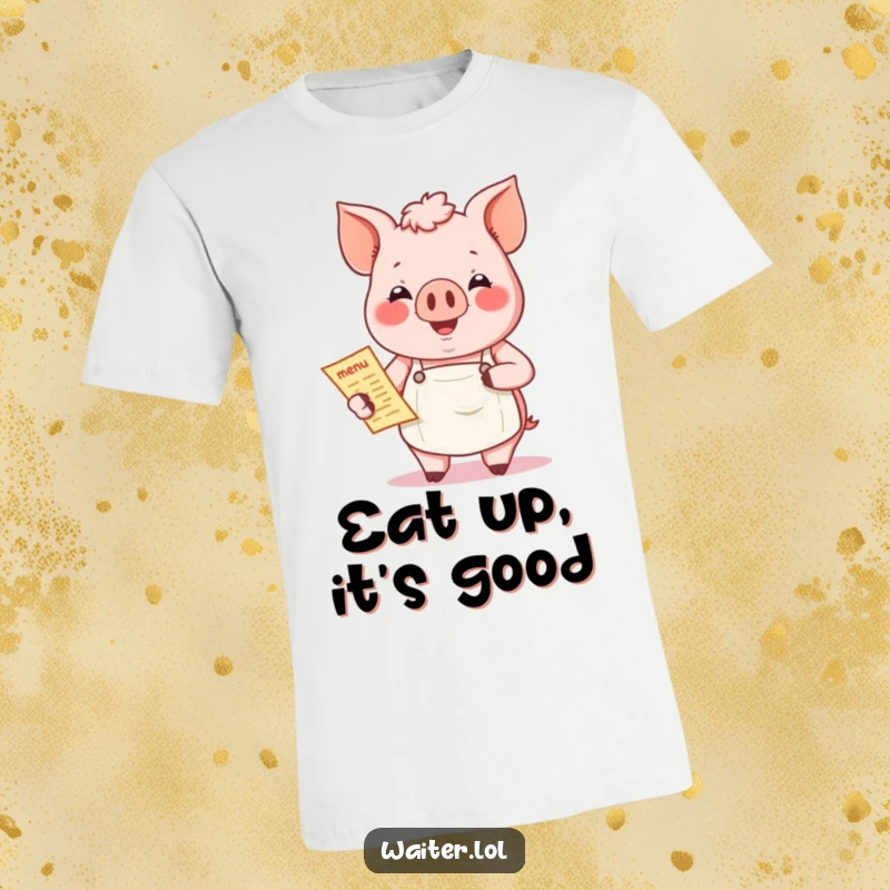 Funny Jovial Pig T-Shirt: A smiling pig wearing an apron holds a menu, embodying culinary joy and welcome.