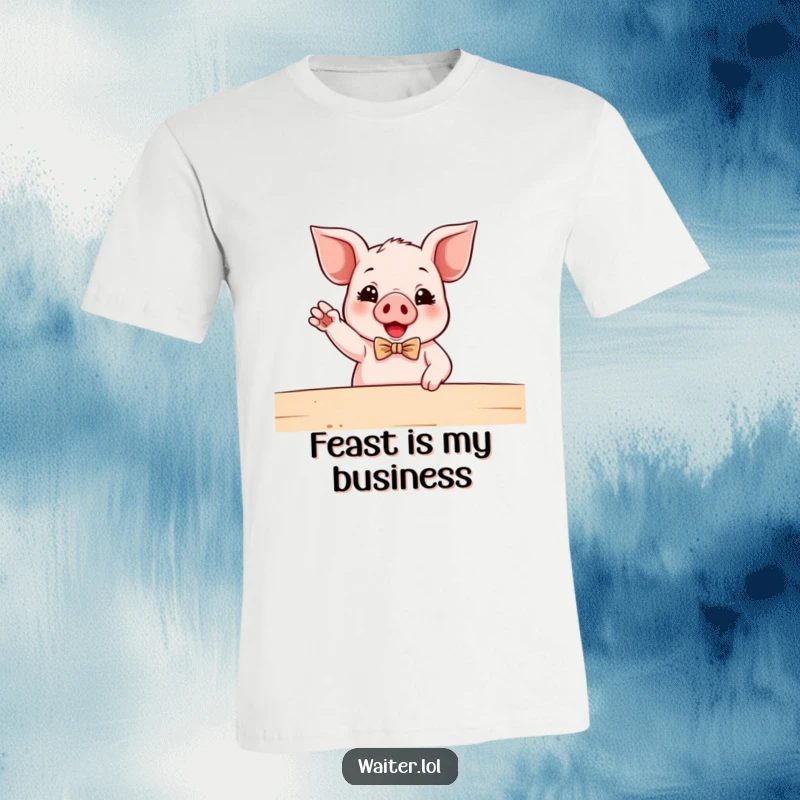 Funny Piglet Waiter T-Shirt: A cute piglet wearing a bowtie gestures excitedly towards a table, exuding service with a smile.