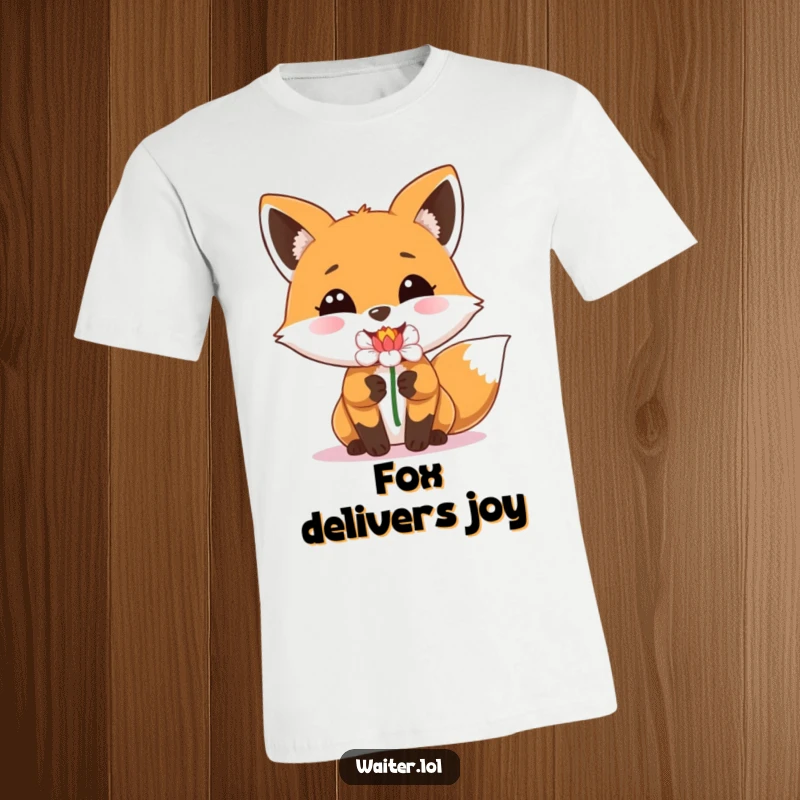 Funny t-shirt featuring a happy fox with a beaming smile delivering a single perfect flower, great for nature fans.