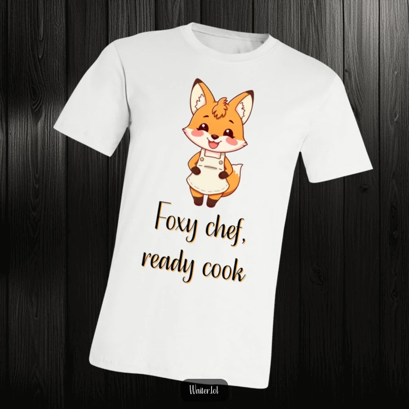 Funny fox apron t-shirt with a charming fox wearing an apron and smiling broadly, perfect for casual wear.