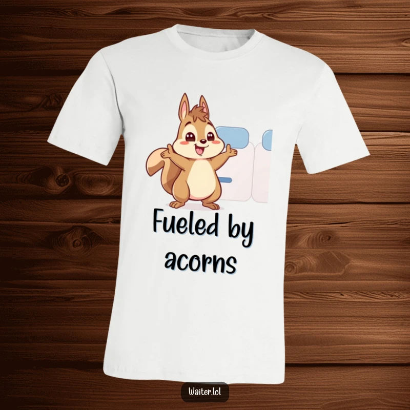 Funny T-Shirt featuring an energetic squirrel character enthusiastically topping off a teacup, eyes wide with excitement.