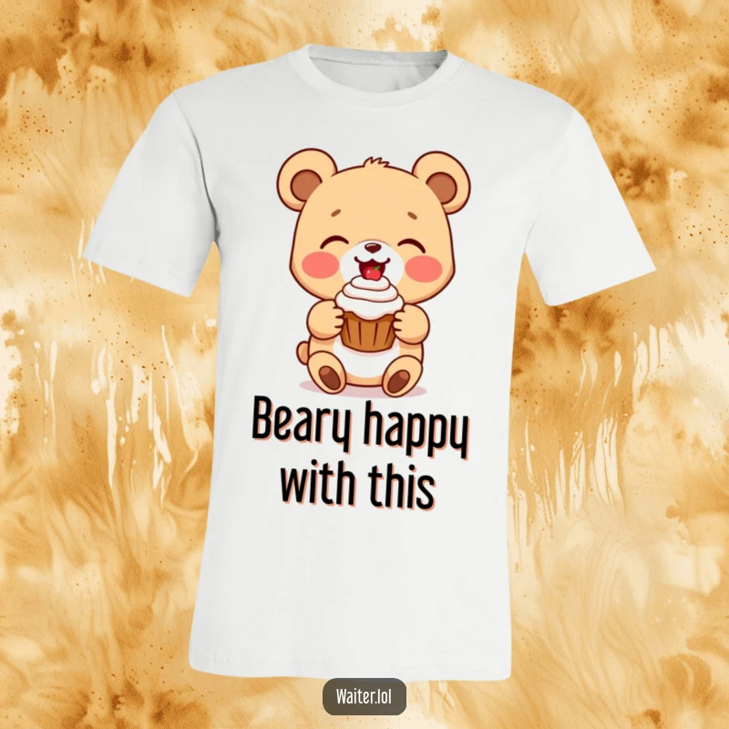 Funny bear cub t-shirt showing a delighted cartoon bear cub presenting a perfect cupcake with a beaming smile, adorable and humorous apparel.