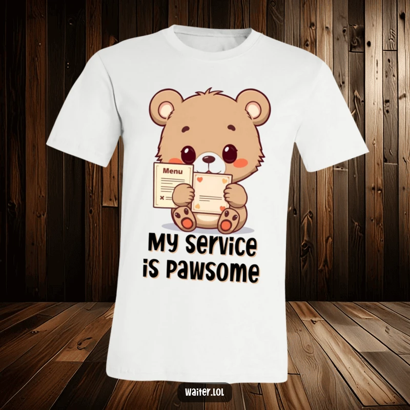 Funny bear cub t-shirt with a curious expression, politely offering a small menu, conveying gentle hope and adorable demeanor.
