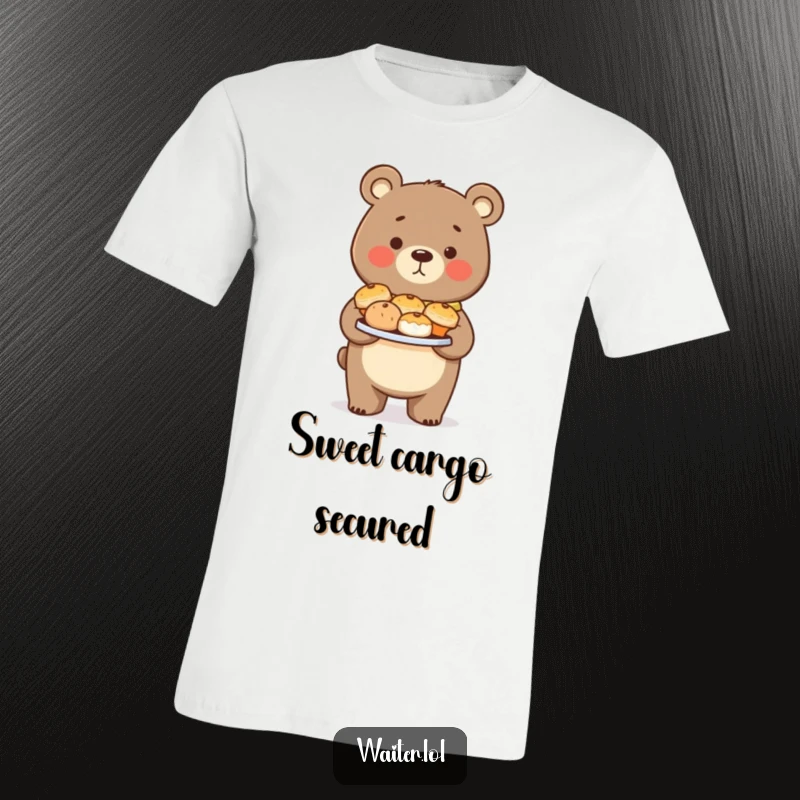 Funny Bear Pastry T-Shirt: A proud bear carefully carries a plate of tempting pastries, showcasing baking excellence.