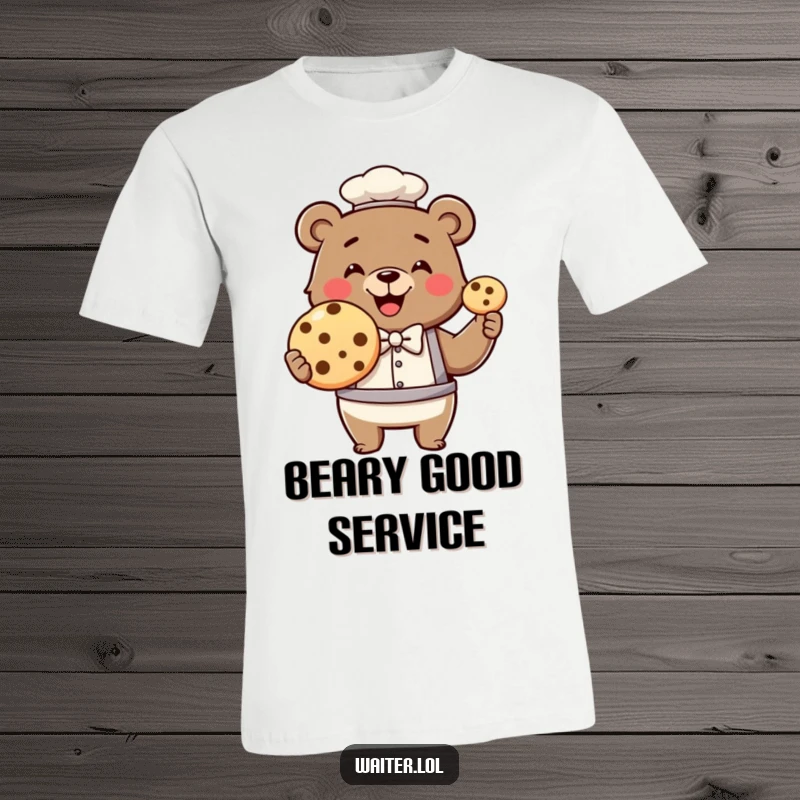 Funny bear waiter t-shirt, a smiling bear in a bowtie proudly holds up a single, gigantic cookie for admiration.