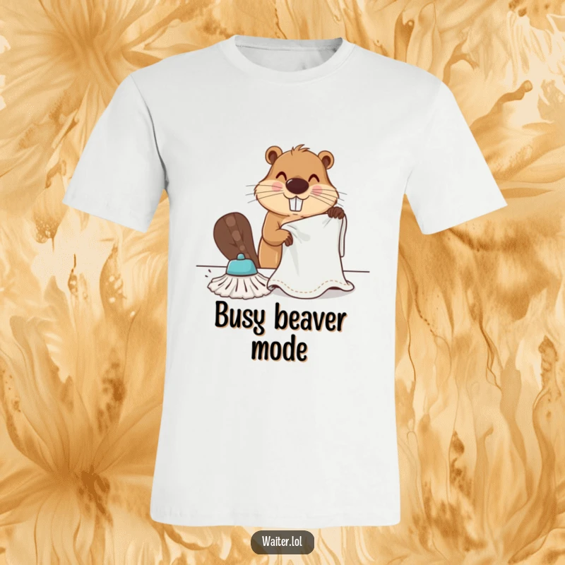 Funny determined beaver vigorously wiping a table with a large cloth on a t-shirt, illustrating industriousness and humor.