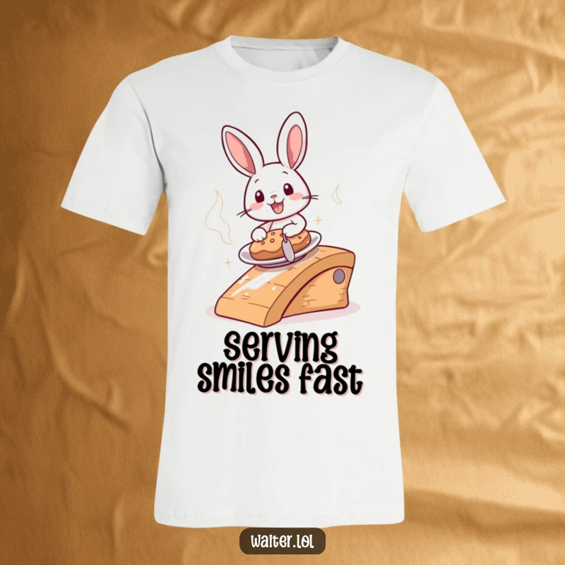 Funny cheerful bunny sliding a steaming plate down a ramp on a t-shirt, illustrating speedy, happy food delivery.