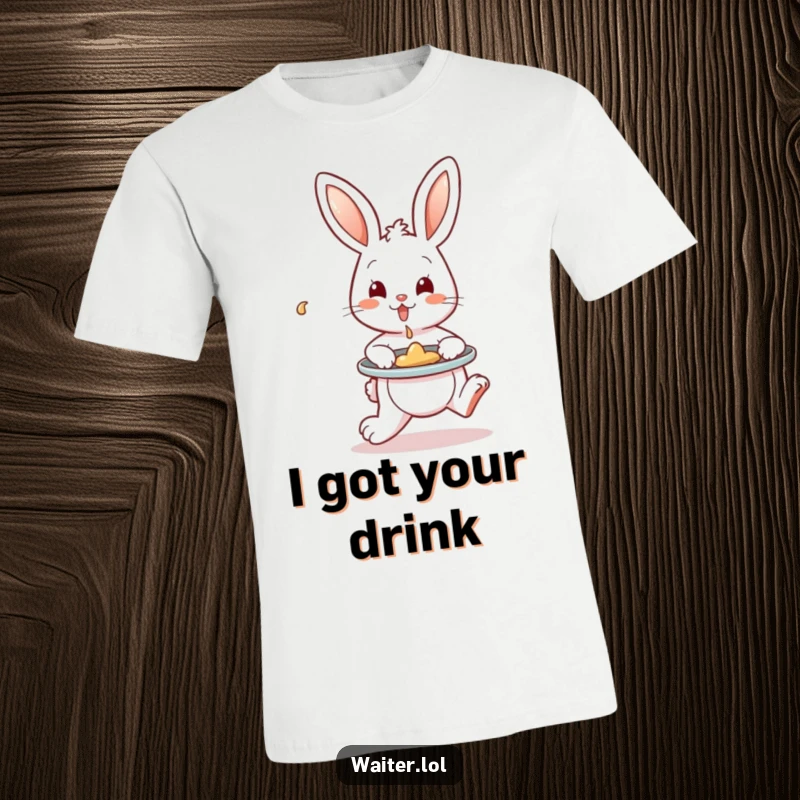 Funny T-Shirt depicting a playful bunny hopping with a tray, artfully containing a single spill, representing controlled chaos and carefulness.