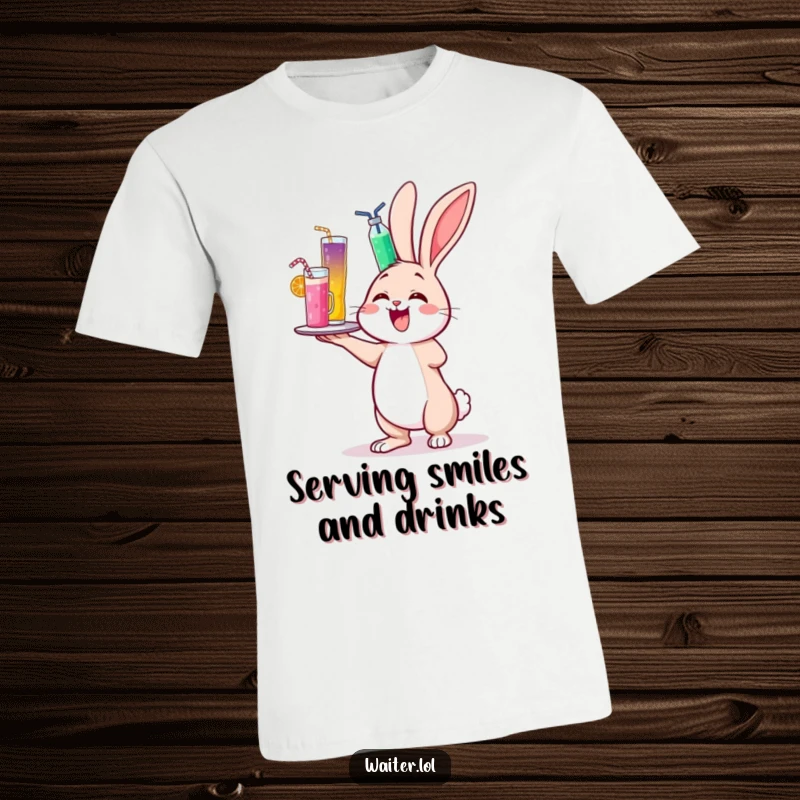 Funny t-shirt featuring a cheerful bunny delightedly wobbling while balancing a towering tray of colorful drinks.