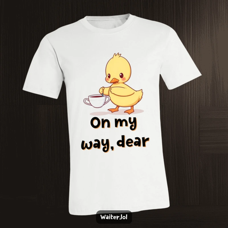 Funny t-shirt illustrating a determined duckling meticulously carrying a single teacup, highlighting its focused and charming personality.