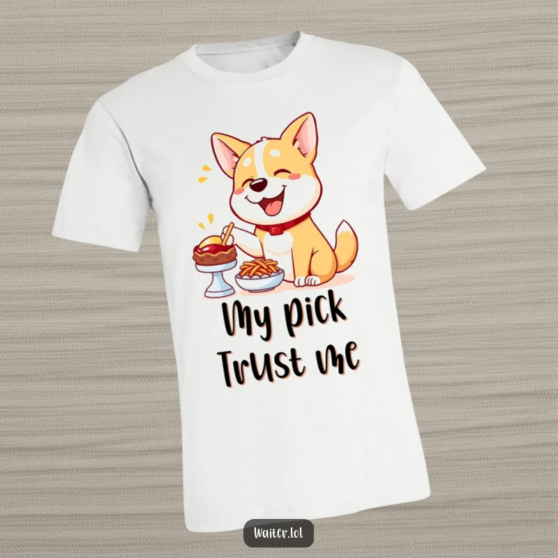Funny Dog Menu T-Shirt: A happy dog excitedly points to a tempting menu item, expressing pure joy for food.