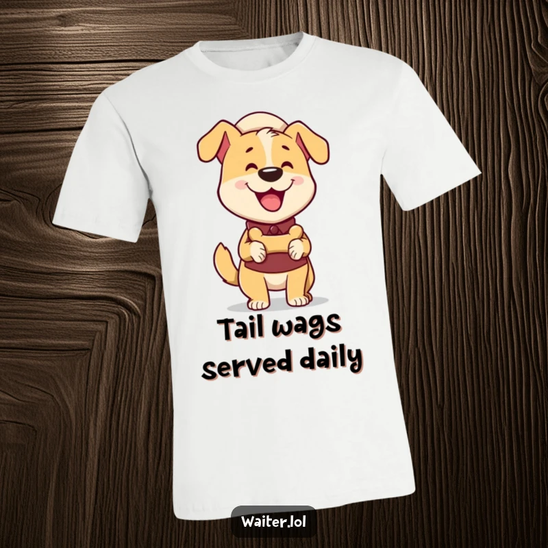 Funny Dog Waiter T-Shirt: An excited dog wearing a waiter's attire happily presents a bone-shaped treat with a wagging tail.