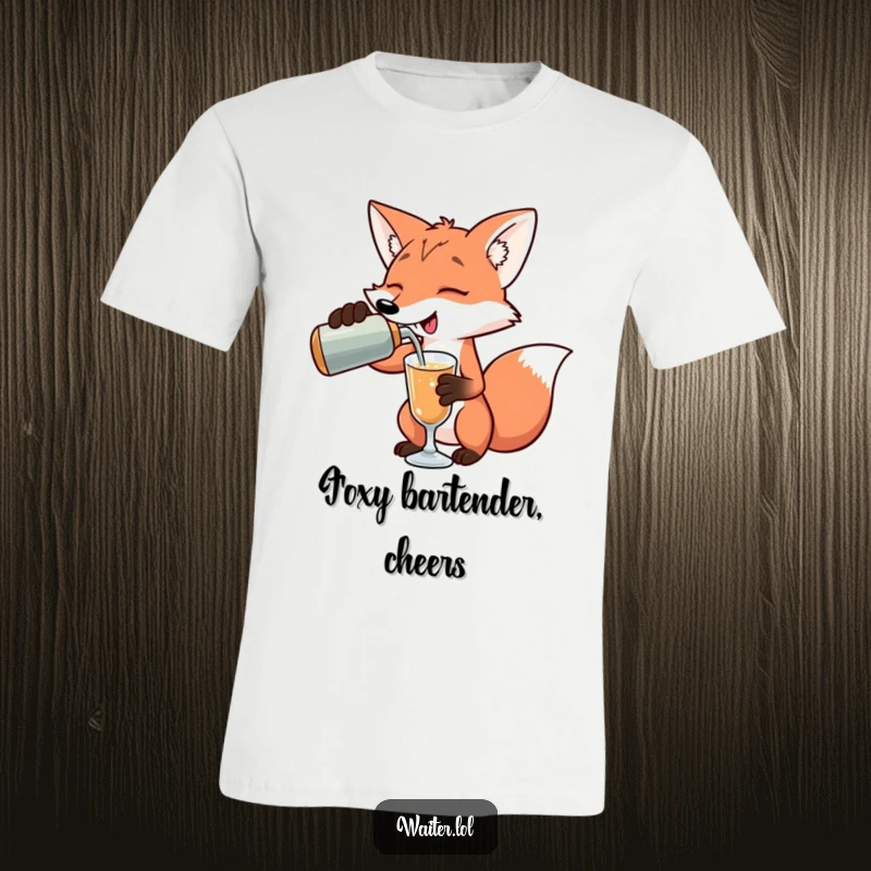 Funny playful fox pouring a drink with an exaggerated flourish on a t-shirt, showcasing stylish bartending, a funny gift.