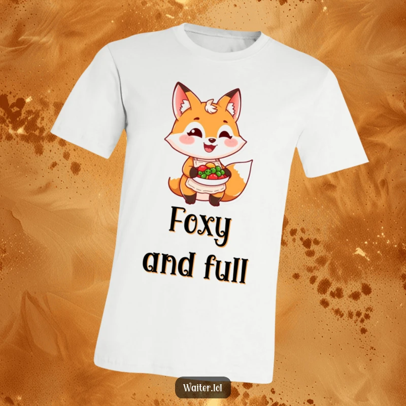 Funny grinning fox in a tiny apron proudly presents a colorful dish on a t-shirt, depicting culinary joy and humor.