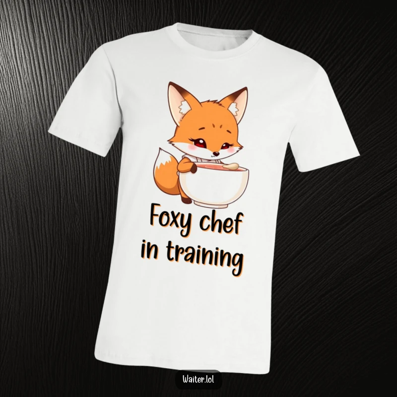 Funny fox chef t-shirt showing a curious cartoon fox in an apron peering into a steaming bowl with intrigue, foodie and humorous apparel.