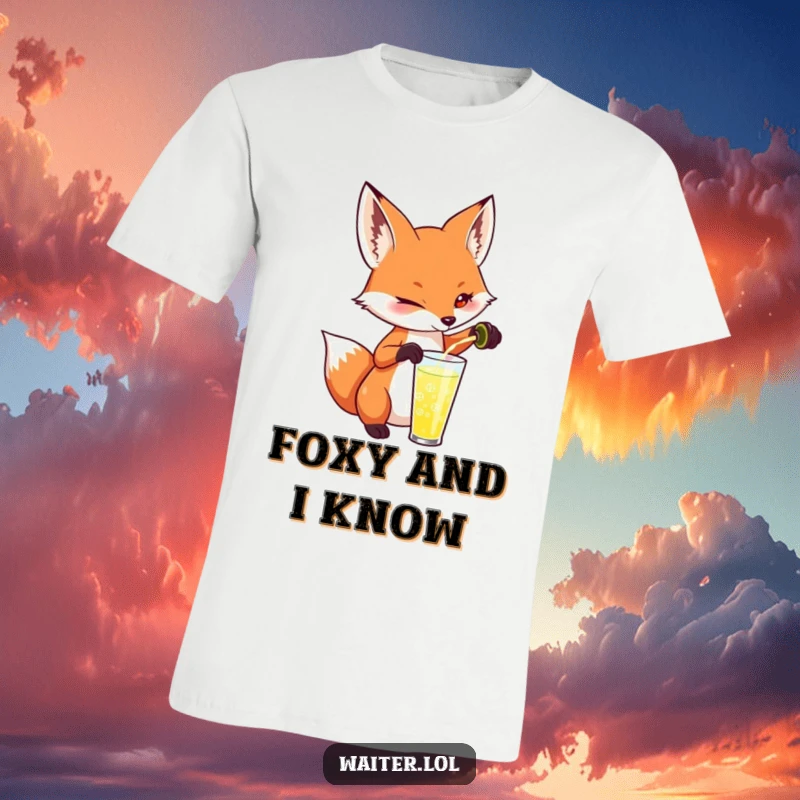 Funny fox t-shirt featuring a playful fox pouring a drink with a mischievous twinkle, ideal for fun-loving gift recipients.