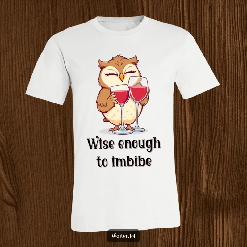 Funny t-shirt with a giggling owl winking while polishing a wine glass, perfect for expressing humor and personality.
